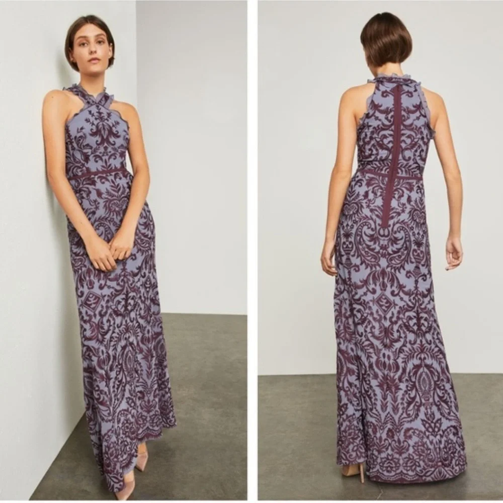 Bcbgmaxazria Embroidered Chiffon Halter Gown - Blue 6
